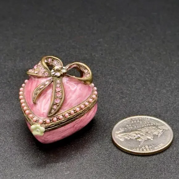 💖Luxury Pink Enamel Heart Trinket Box w/ Rhinestone Bow & Pearls Fabergé Style - Picture 2 of 8